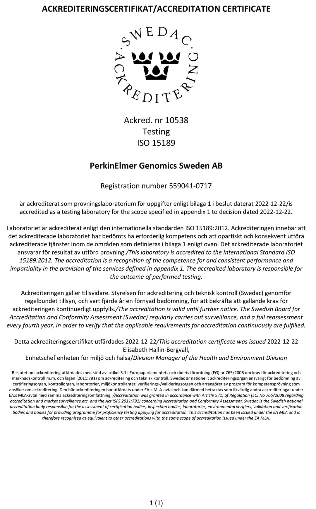 Certificate SWEDAC ISO15189 PerkinElmer Genomics Sweden AB 2022 12 22